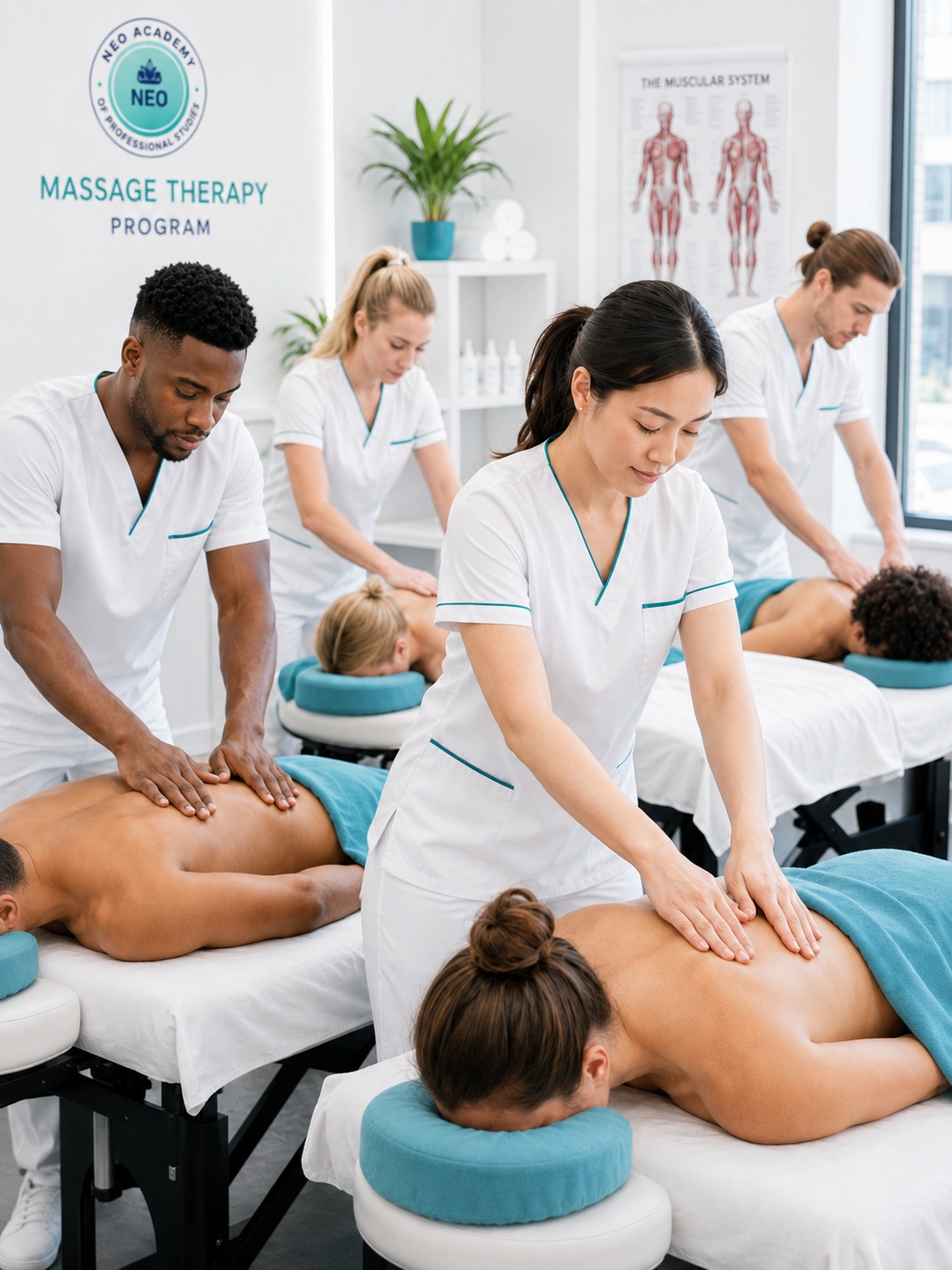 Diverse massage therapy students practicing hands-on massage techniques during supervised training in Hallandale Beach, Florida.